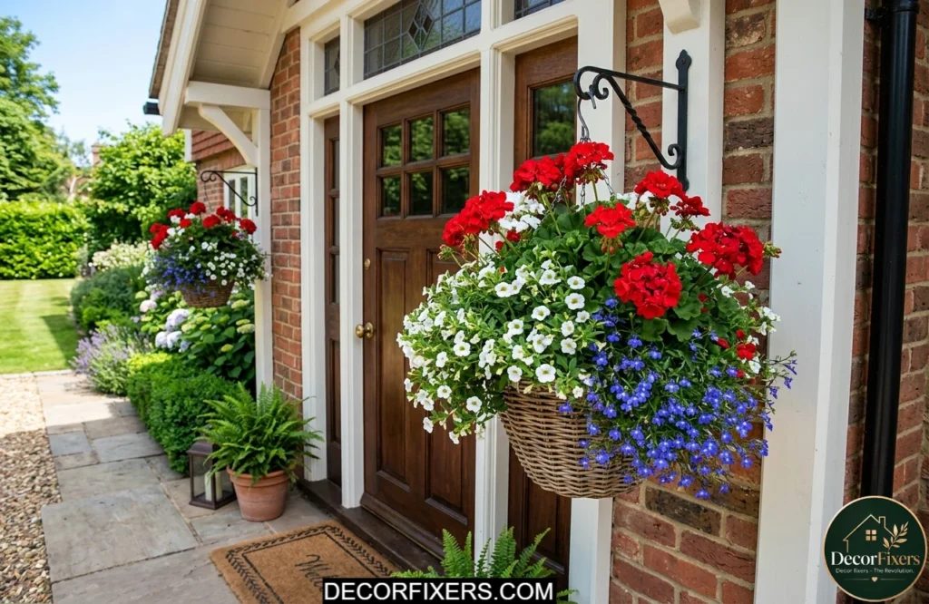 Patriotic hanging flower basket on a front door