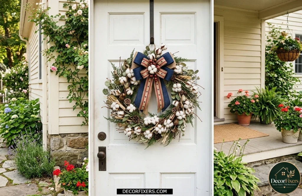 4th of July natural patriotic wreath with cotton stems and ribbons hanging on a stylish front door
