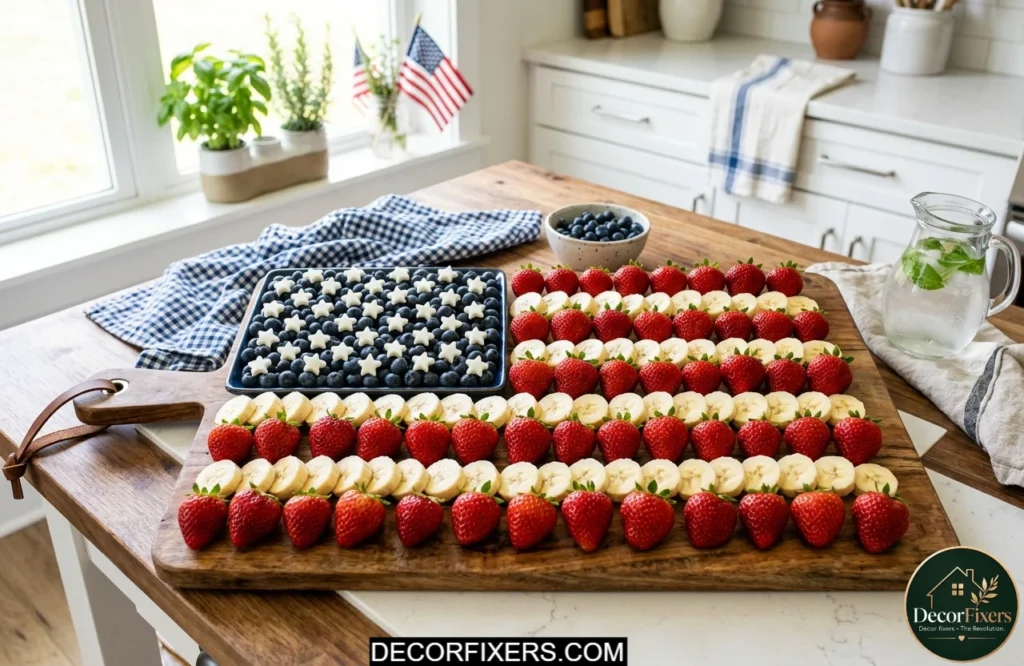 Strawberries, bananas, and blueberries arranged in a patriotic flag-inspired fruit display.