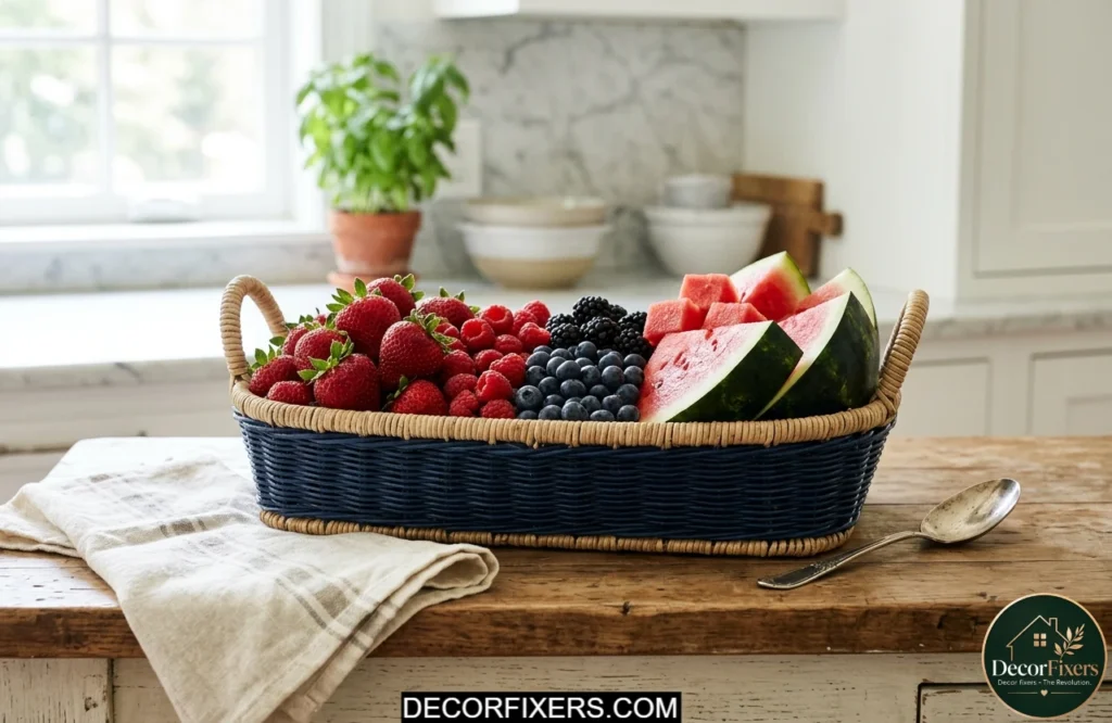 Fresh strawberries blueberries and watermelon arranged in a patriotic fruit basket on a kitchen counter.