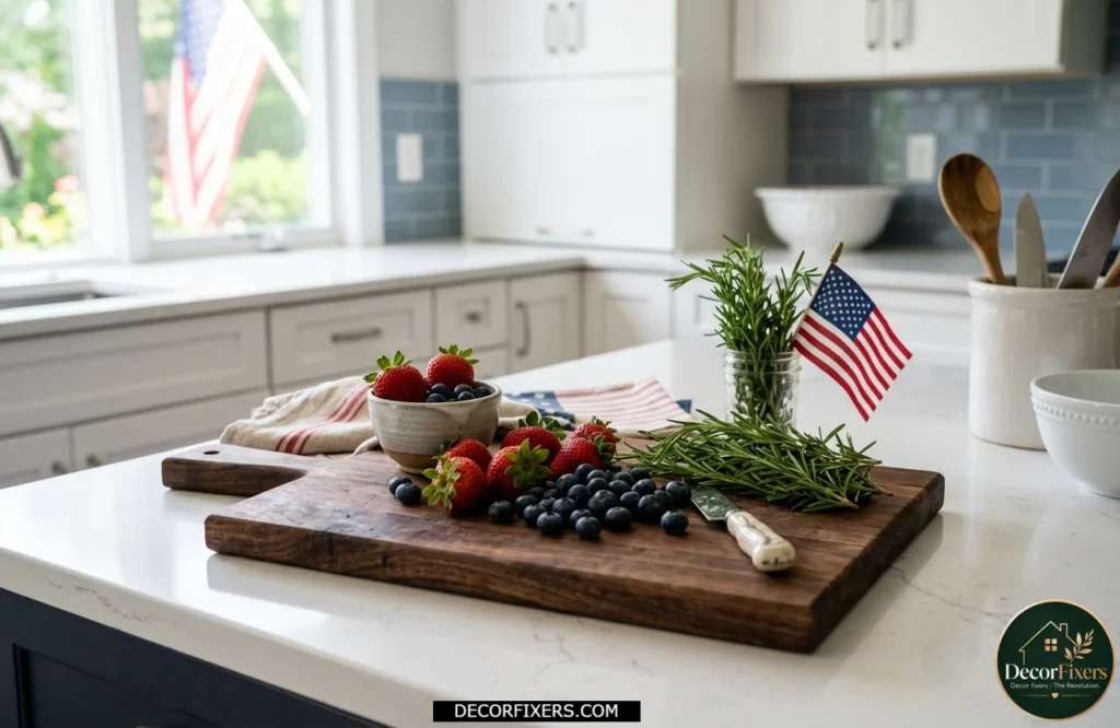 4th of July kitchen counter display with strawberries blueberries and fresh rosemary accents