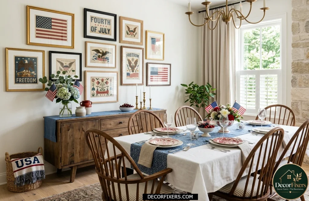 Framed patriotic artwork arranged in a gallery wall above a dining room sideboard
