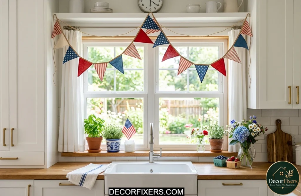 Red white and blue garland hanging above a kitchen window for 4th of July decor.