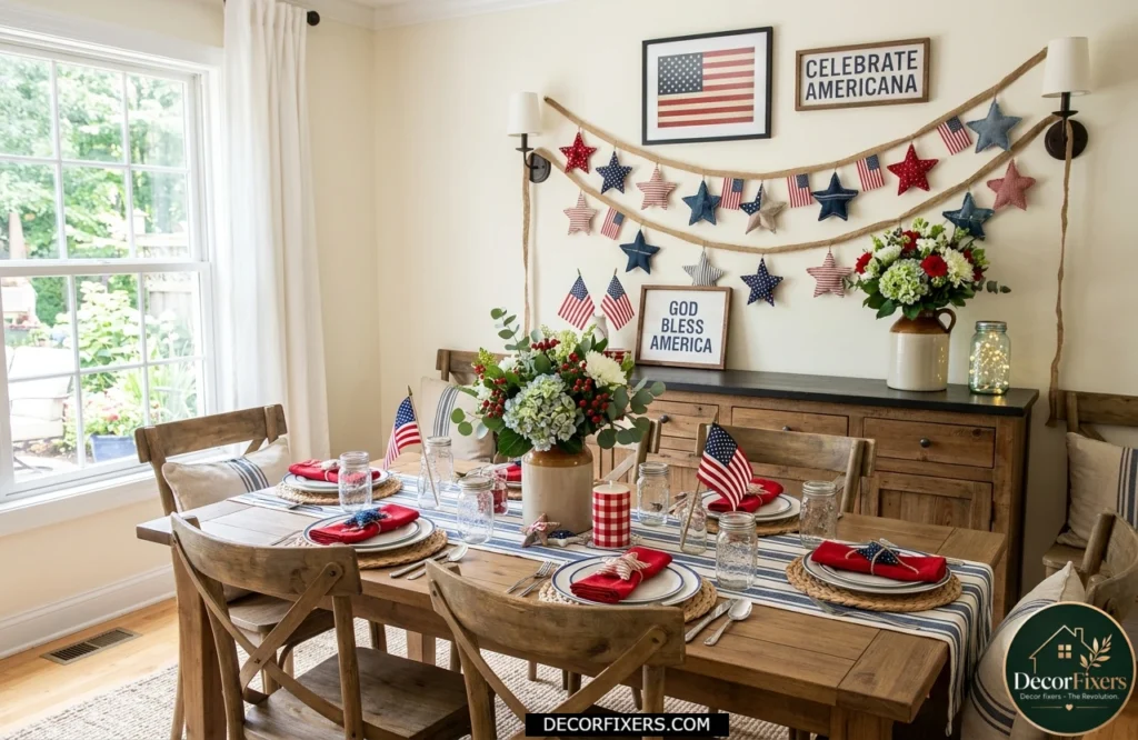 Patriotic garland draped across a dining room wall above a festive holiday setup