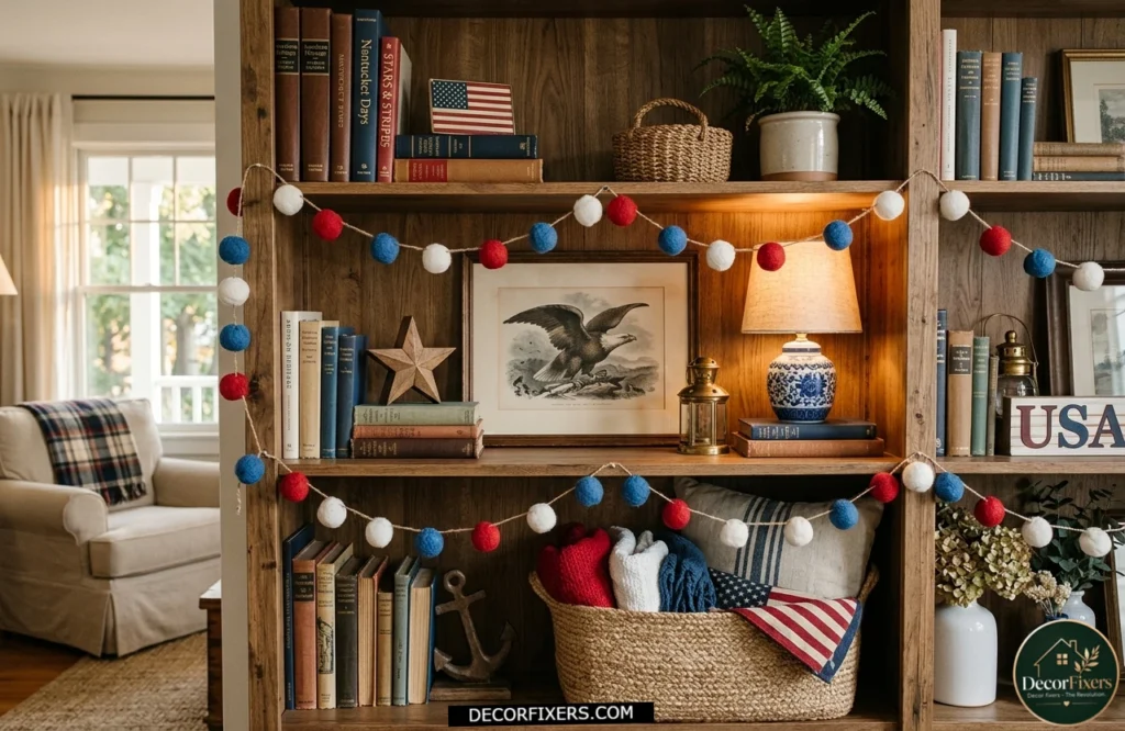 4th of July red white and blue garland draped across living room shelving.