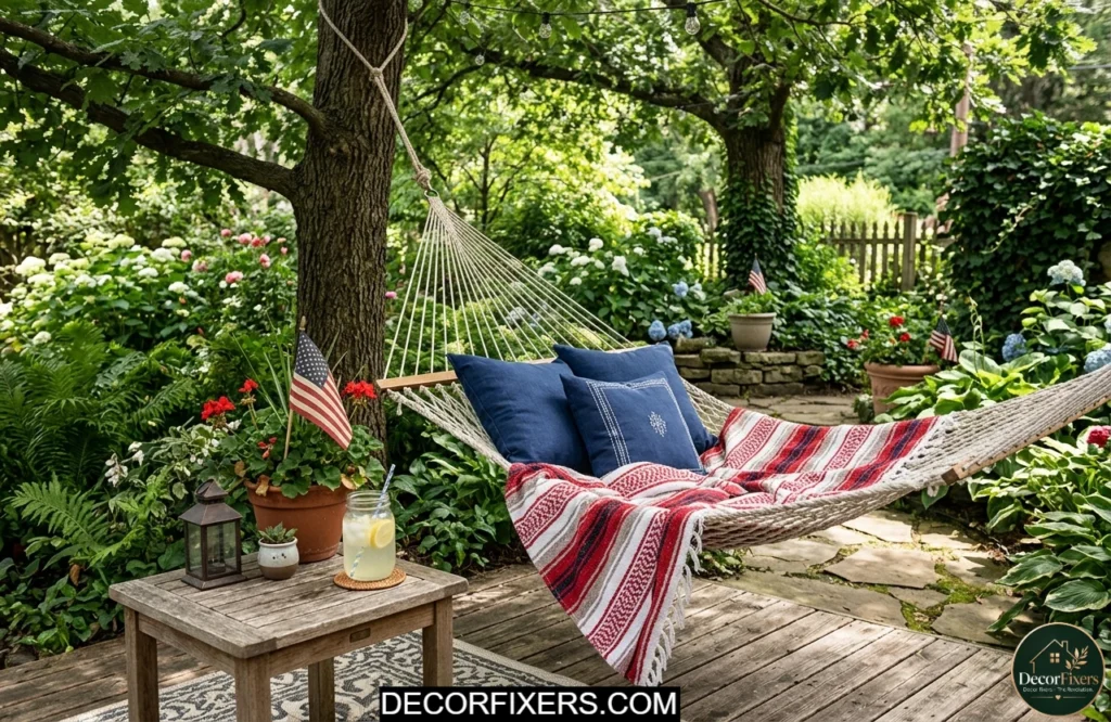 Backyard hammock reading nook decorated with patriotic pillows blankets and subtle 4th of July accents.