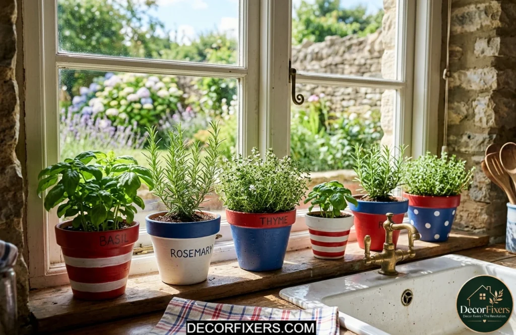 Red white and blue painted herb pots displayed on a sunny kitchen windowsill.