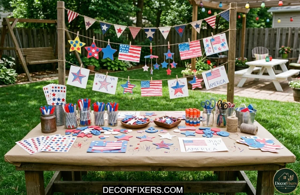 Dedicated patriotic craft station with colorful supplies for a fun 4th of July kids activity zone.