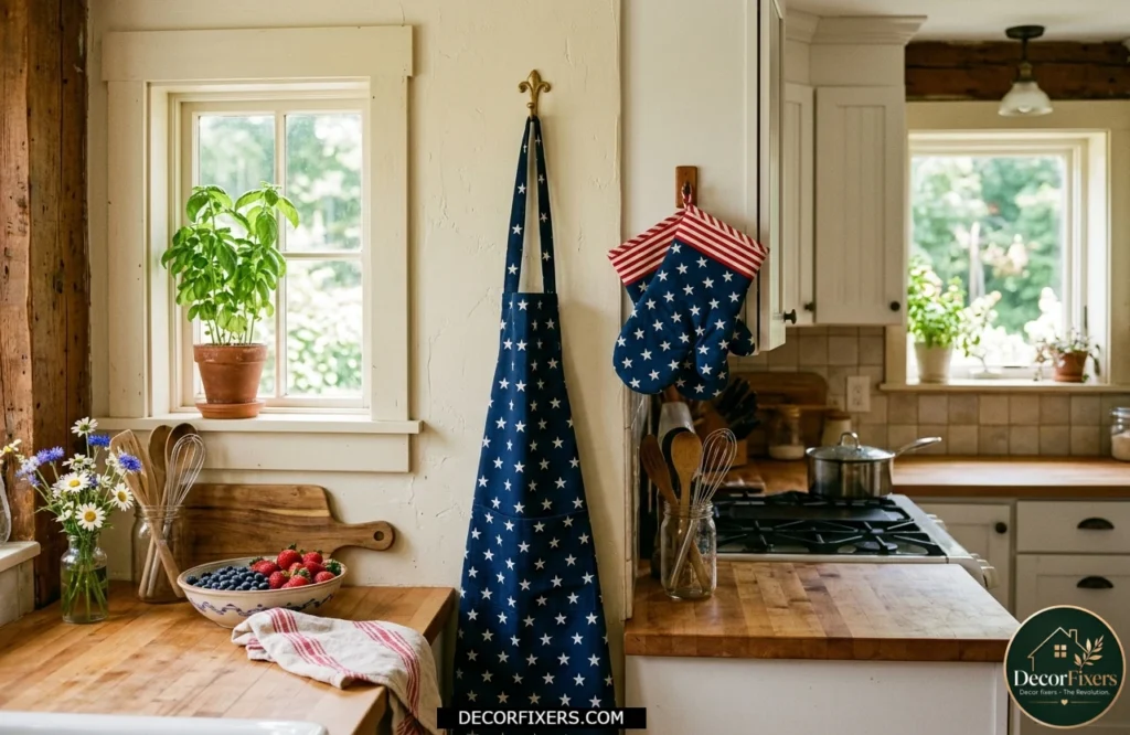 4th of July kitchen accessories including star patterned oven mitts and a festive apron