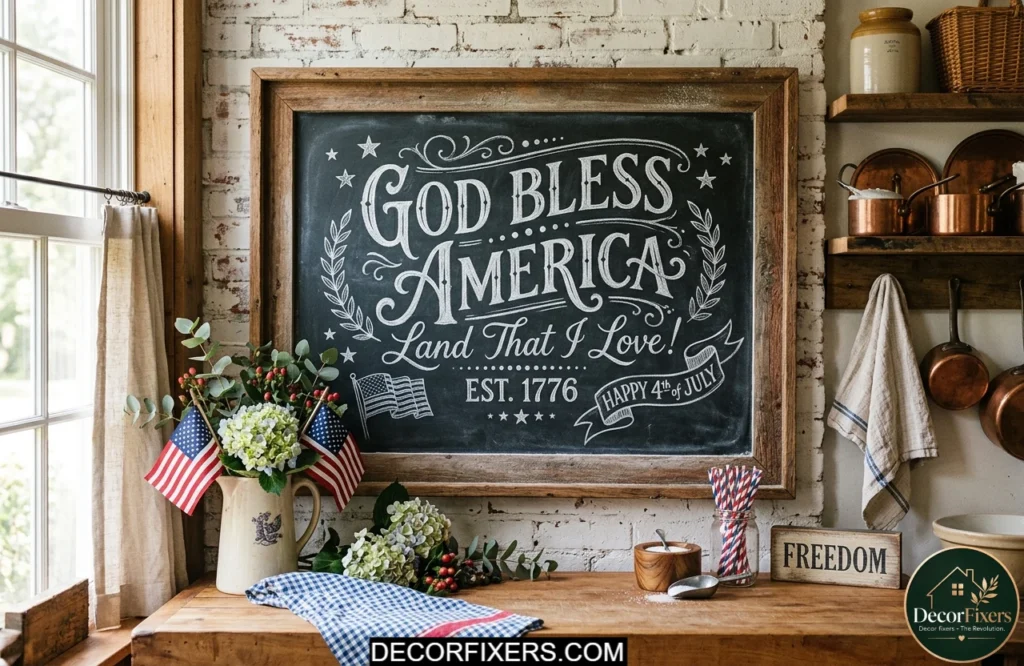 Decorative chalkboard featuring a patriotic message and star illustrations in a 4th of July kitchen.