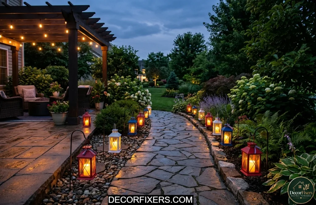 Red white and blue lanterns lining a patio edge and garden path for 4th of July outdoor lighting.