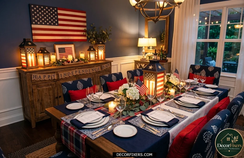 Decorative patriotic lanterns adding ambient lighting to a 4th of July dining room