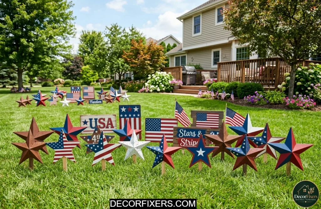 Decorative lawn stars and patriotic yard stakes creating an easy 4th of July backyard display.