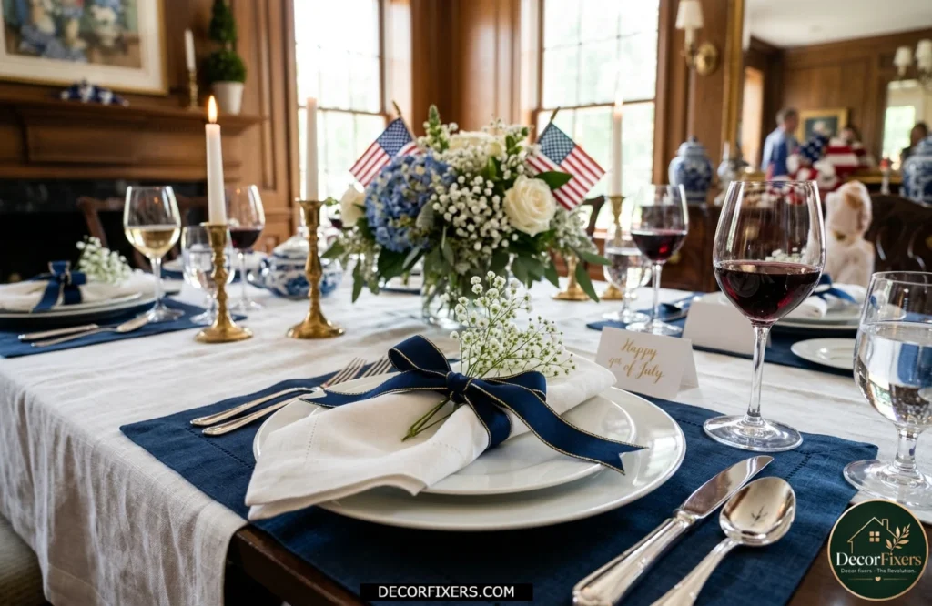4th of July table setting with patriotic ribbon napkin rings and white linen napkins
