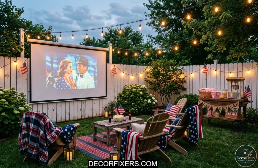 Outdoor movie night setup with string lights blankets and patriotic décor as a 4th of July backyard finale.