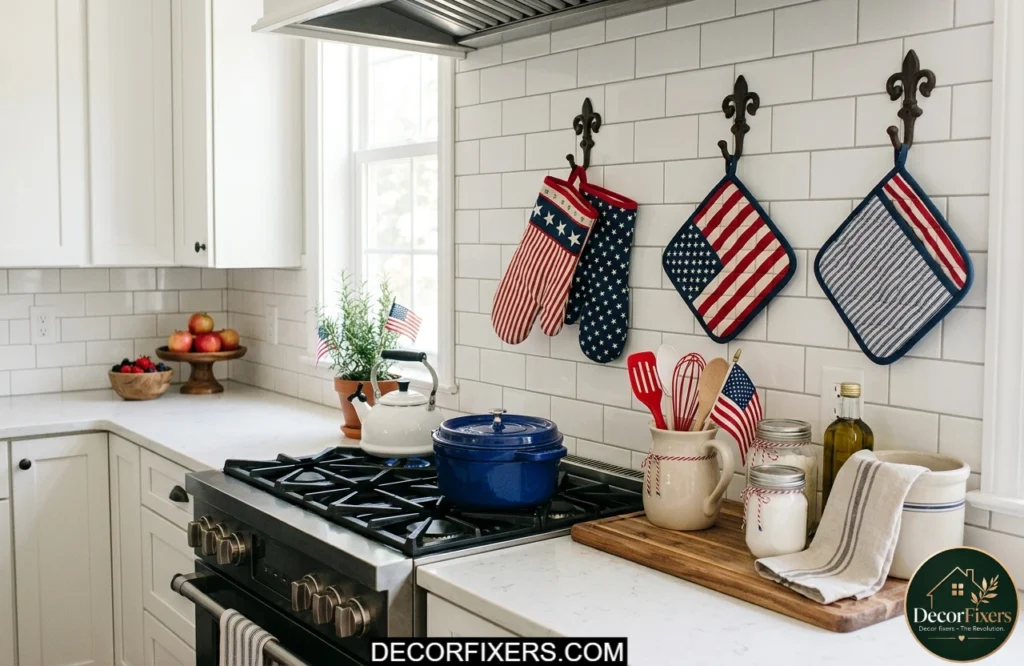 Patriotic oven mitts and pot holders displayed near a kitchen stove for Independence Day.