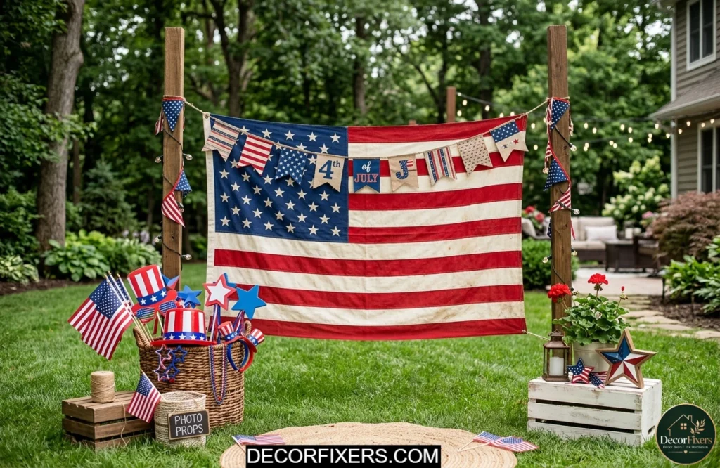 DIY patriotic photo booth corner featuring an American flag backdrop and festive 4th of July props.