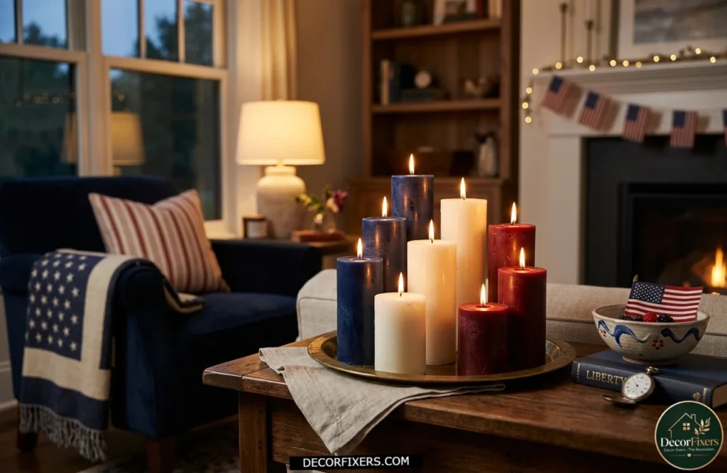 4th of July patriotic pillar candles arranged on a living room side table.