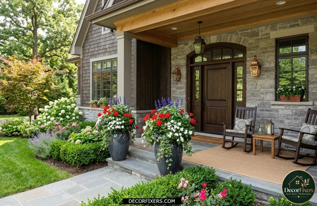 4th of July patriotic flower planters featuring red geraniums white impatiens and blue salvia on a front porch