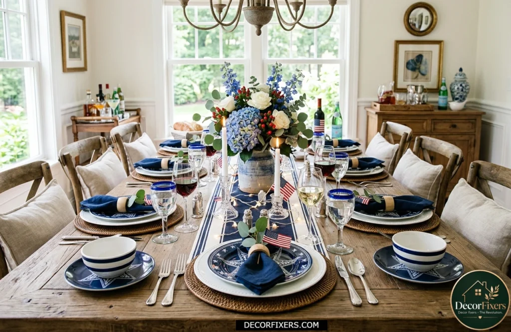 Coordinated patriotic plate set and linen napkins styled for a 4th of July gathering