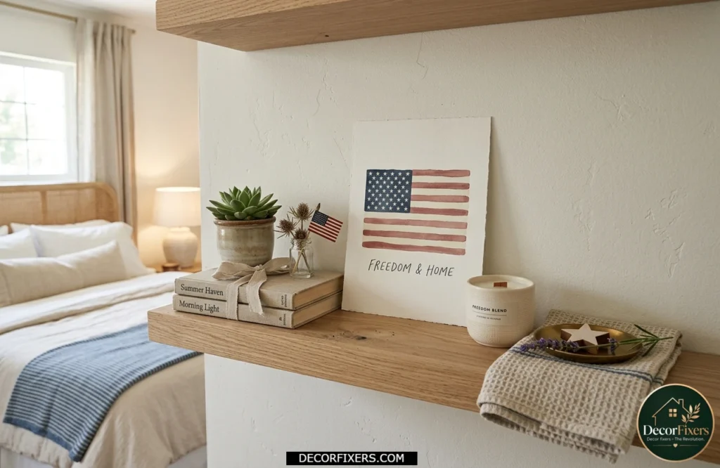 4th of July bedroom shelf with patriotic art print
