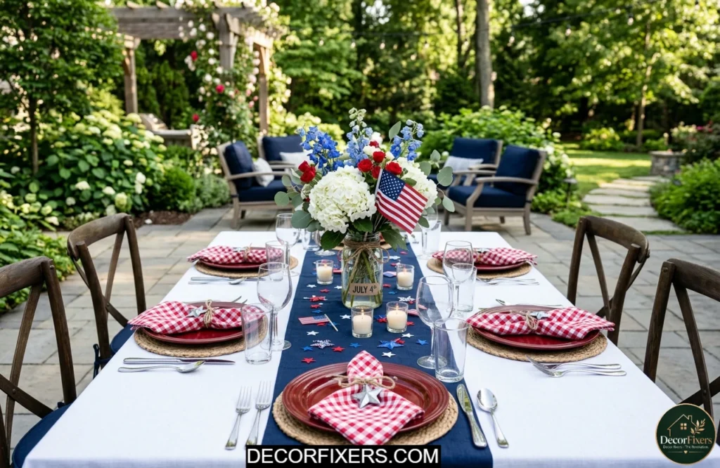 Outdoor dining table styled with a layered red white and blue tables cape for a 4th of July celebration.