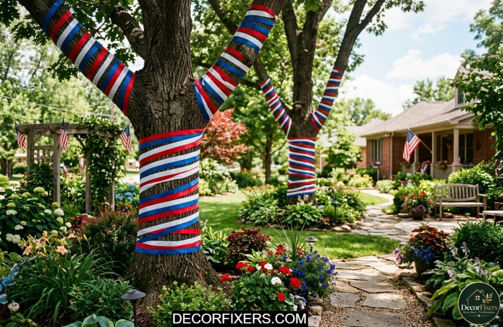 Tree trunks wrapped with red white and blue ribbon for simple and festive 4th of July decorating.