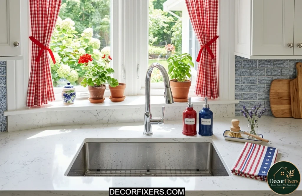 Red and blue soap dispensers decorating a kitchen sink area for Independence Day.