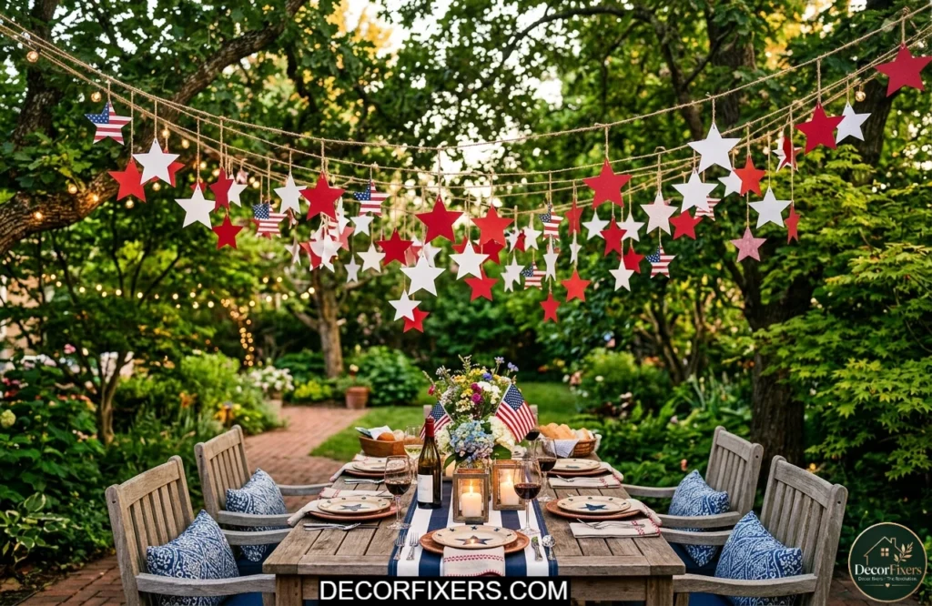 DIY red and white star banner hanging above an outdoor dining area for 4th of July decorating.