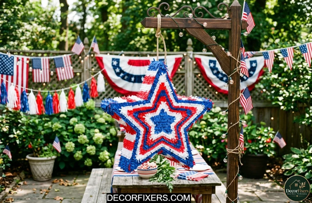 Red white and blue star-shaped piñata hanging as a decorative and entertaining 4th of July centerpiece.