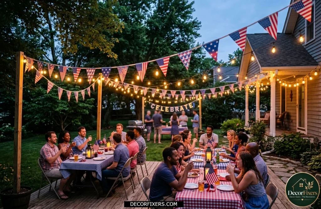 4th of July backyard decorated with string lights and patriotic pennant garland for evening celebrations
