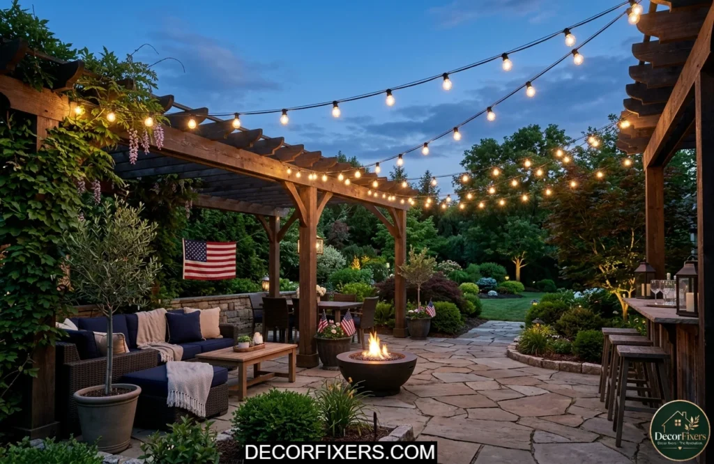 Warm patriotic string lights draped across a backyard pergola creating magical 4th of July evening ambience.