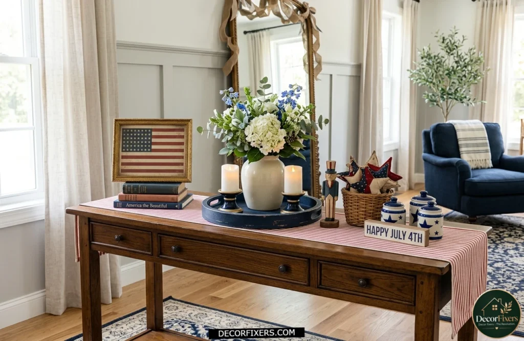 4th of July patriotic table runner styled on a console table with seasonal decor.