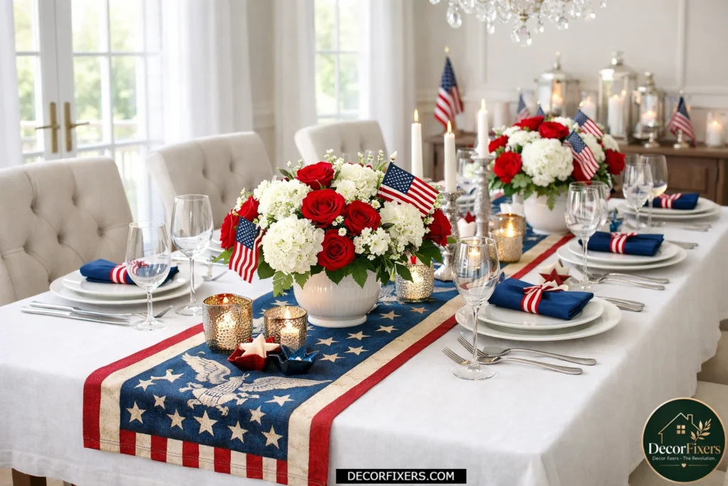 Patriotic table runner layered over a white linen tablecloth for a polished Independence Day dining setup