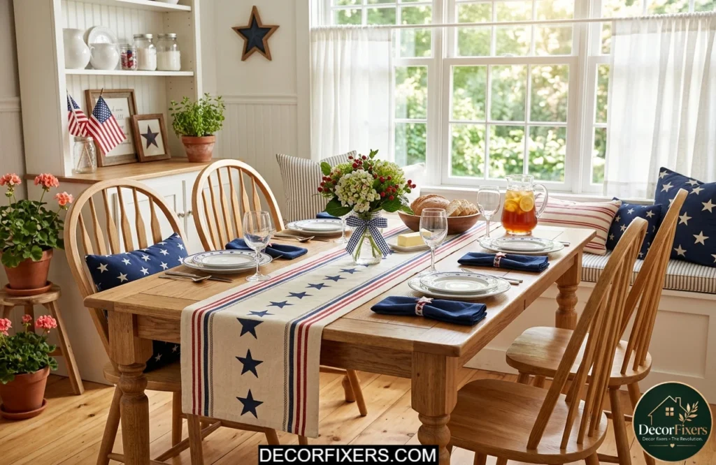 Patriotic table runner with red white and blue accents on a kitchen dining table.