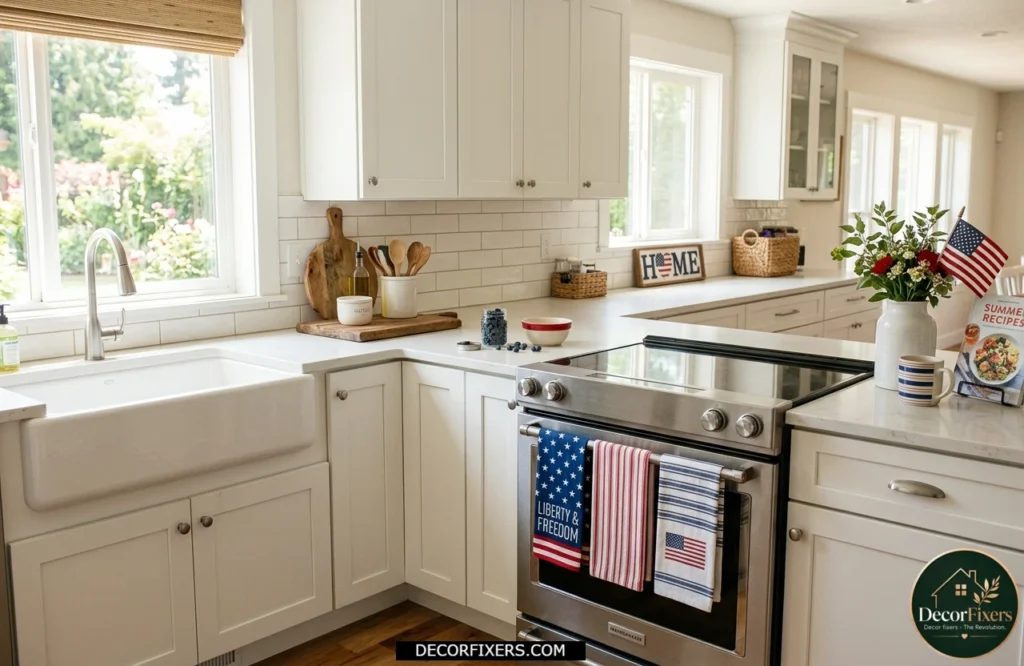 4th of July kitchen decorated with patriotic tea towels hanging from an oven handle