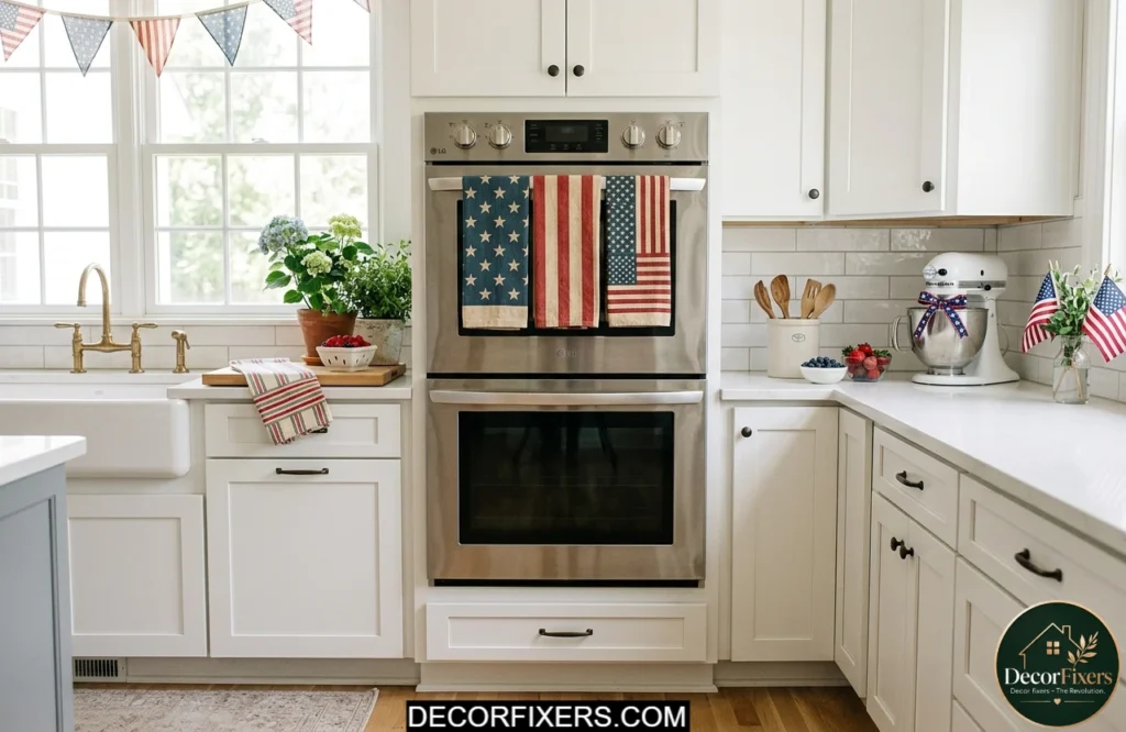 Patriotic tea towels with stars and stripes neatly displayed on oven handles in a bright 4th of July kitchen.