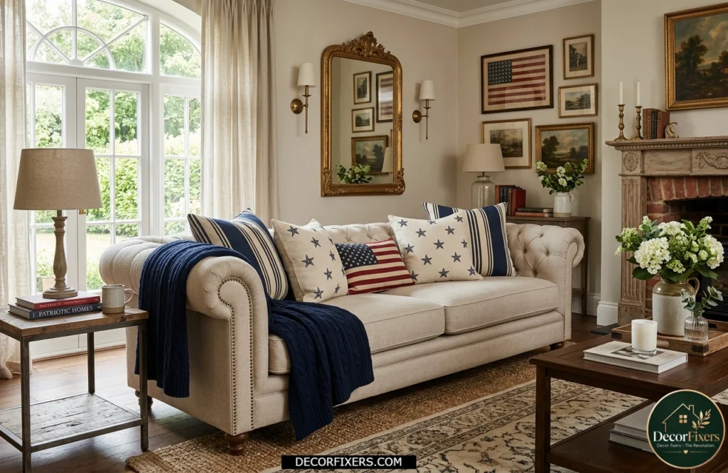 4th of July living room styled with patriotic throw pillows in red white and blue patterns