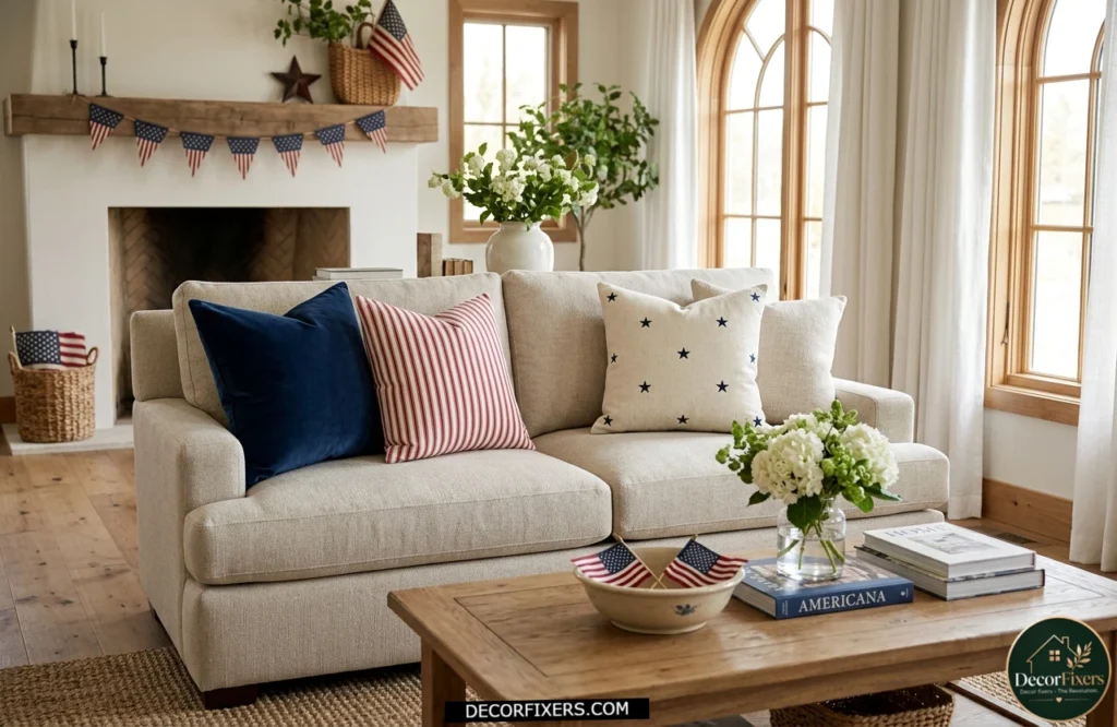 4th of July patriotic throw pillows arranged on a neutral living room sofa in an elegant Americana color palette.