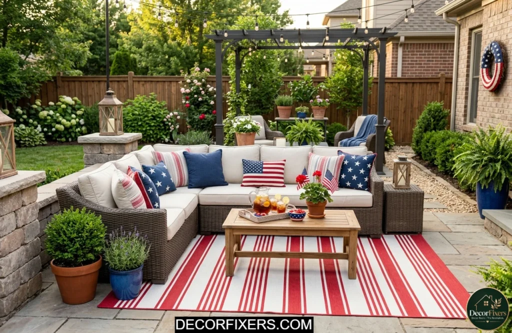 Outdoor patio lounge featuring patriotic throw pillows and a striped rug for a stylish 4th of July setup.
