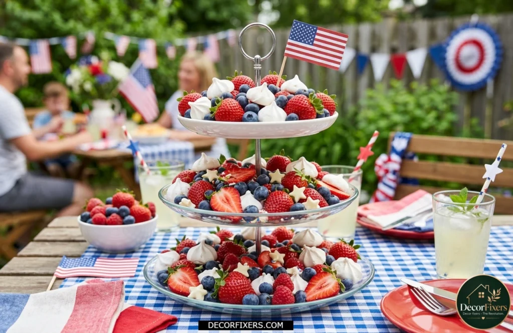 4th of July tiered dessert tray display with strawberries blueberries and white meringues