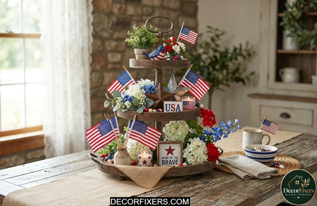 Patriotic tiered tray display decorated for the 4th of July