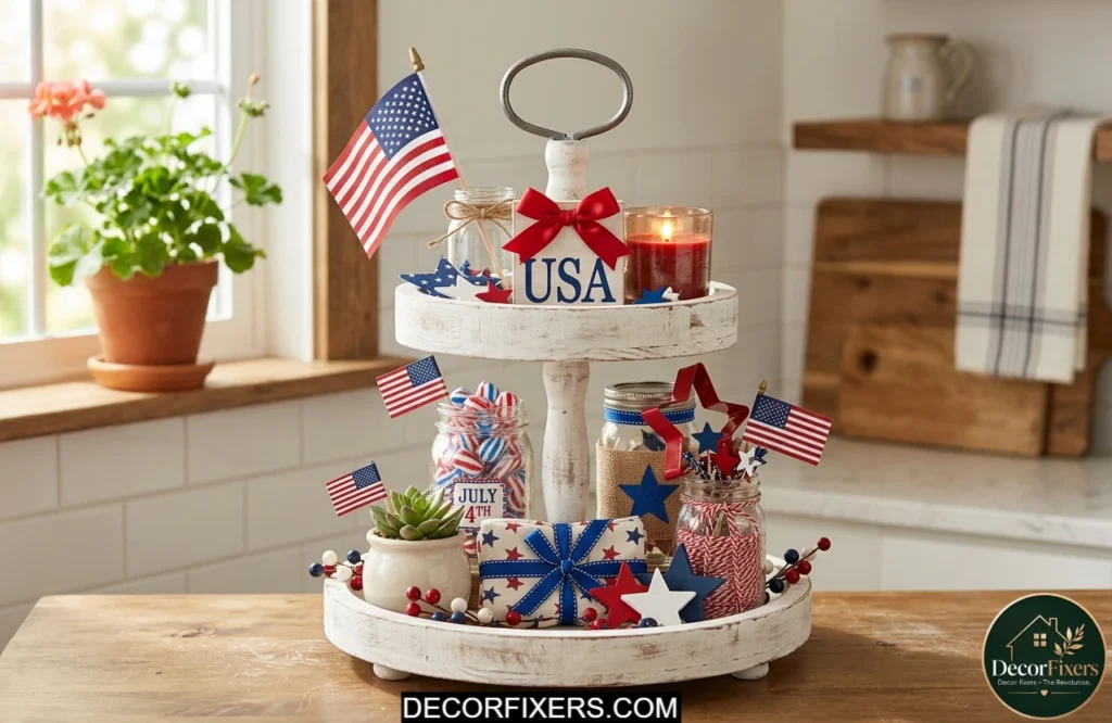 Tiered tray decorated with patriotic accessories on a kitchen counter.