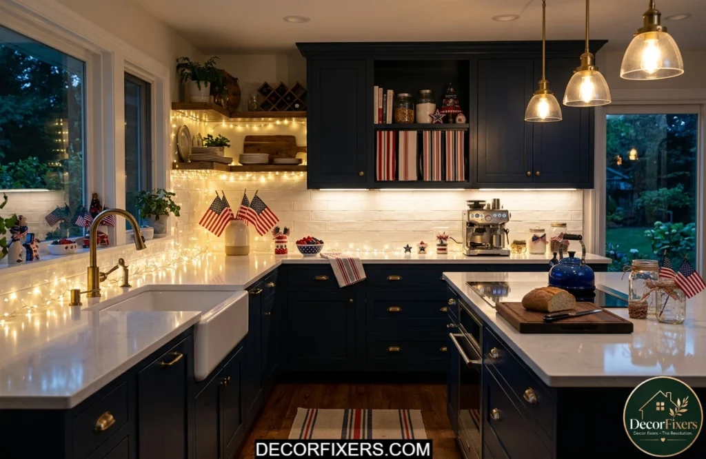 Twinkle lights creating a festive glow along a kitchen backsplash for the 4th of July.