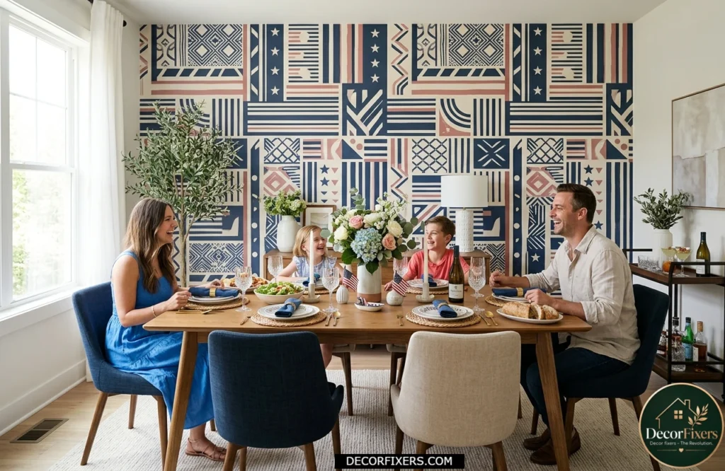 Removable patriotic wallpaper creating a statement wall behind a dining table