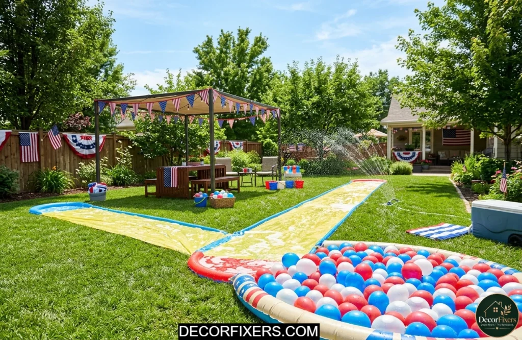 Slip and slide water play area featuring red white and blue balloons for a festive 4th of July backyard celebration.