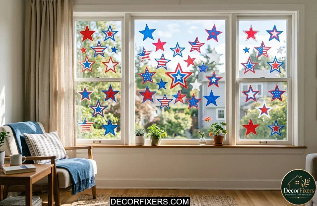 Patriotic star window clings displayed on a bright window
