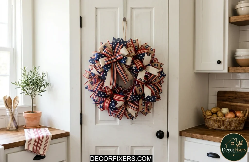 Red white and blue wreath hanging on a pantry door in a decorated kitchen.