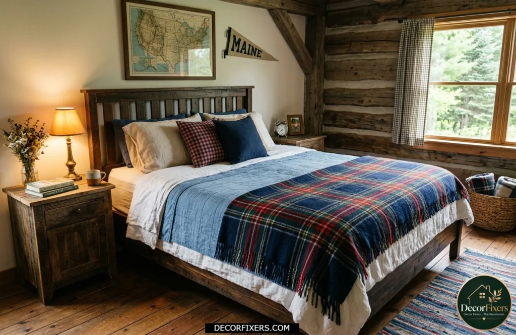 4th of July bedroom featuring a navy and red plaid blanket