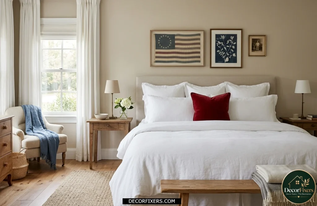 4th of July bedroom decorated with a deep red accent pillow on crisp white bedding